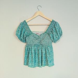 Willow + Root Smocked Green Floral Top